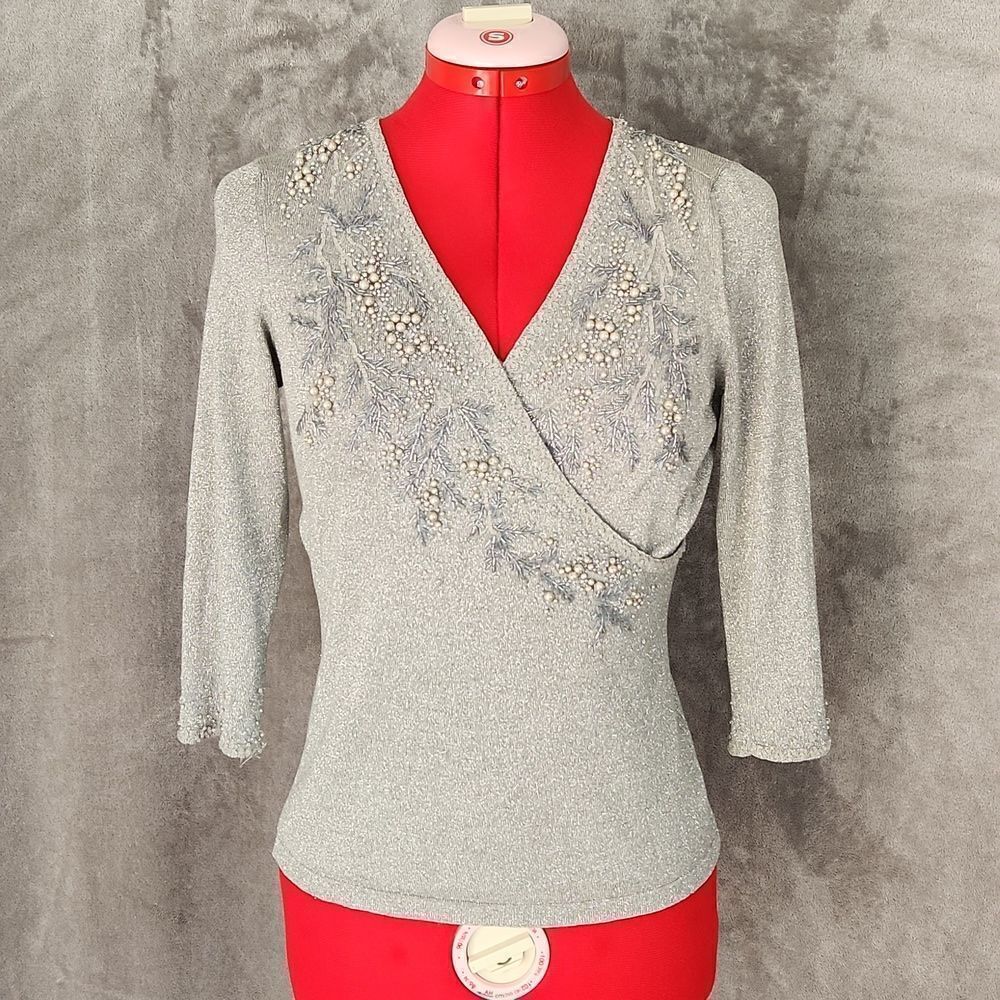 Ann Taylor Petites Silver Beaded Wrap Sweater Top XSP Metallic Holiday